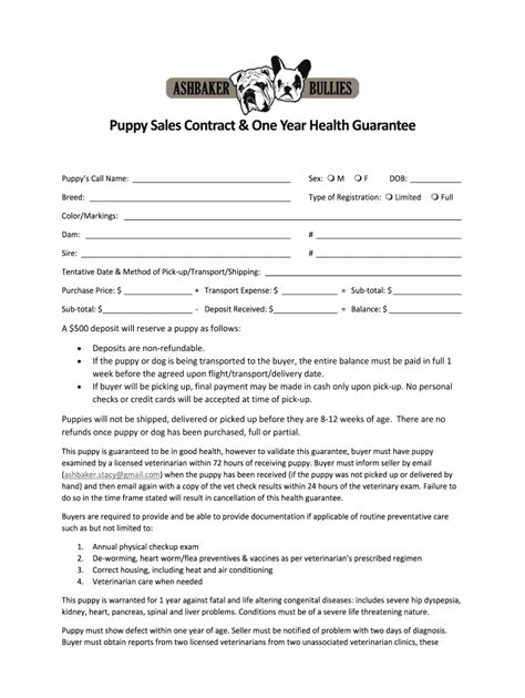 Free Printable Puppy Health Guarantee Template